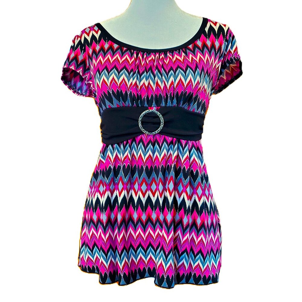 Vintage A. Byer 90s Y2k Pink Black Stretch Top Women's Sz M Buckle Tie Waist USA